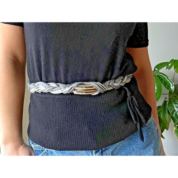 vtg 80s silver braided rope belt Ginnie Johansen knotted fisherman macrame - Picture 2 of 6